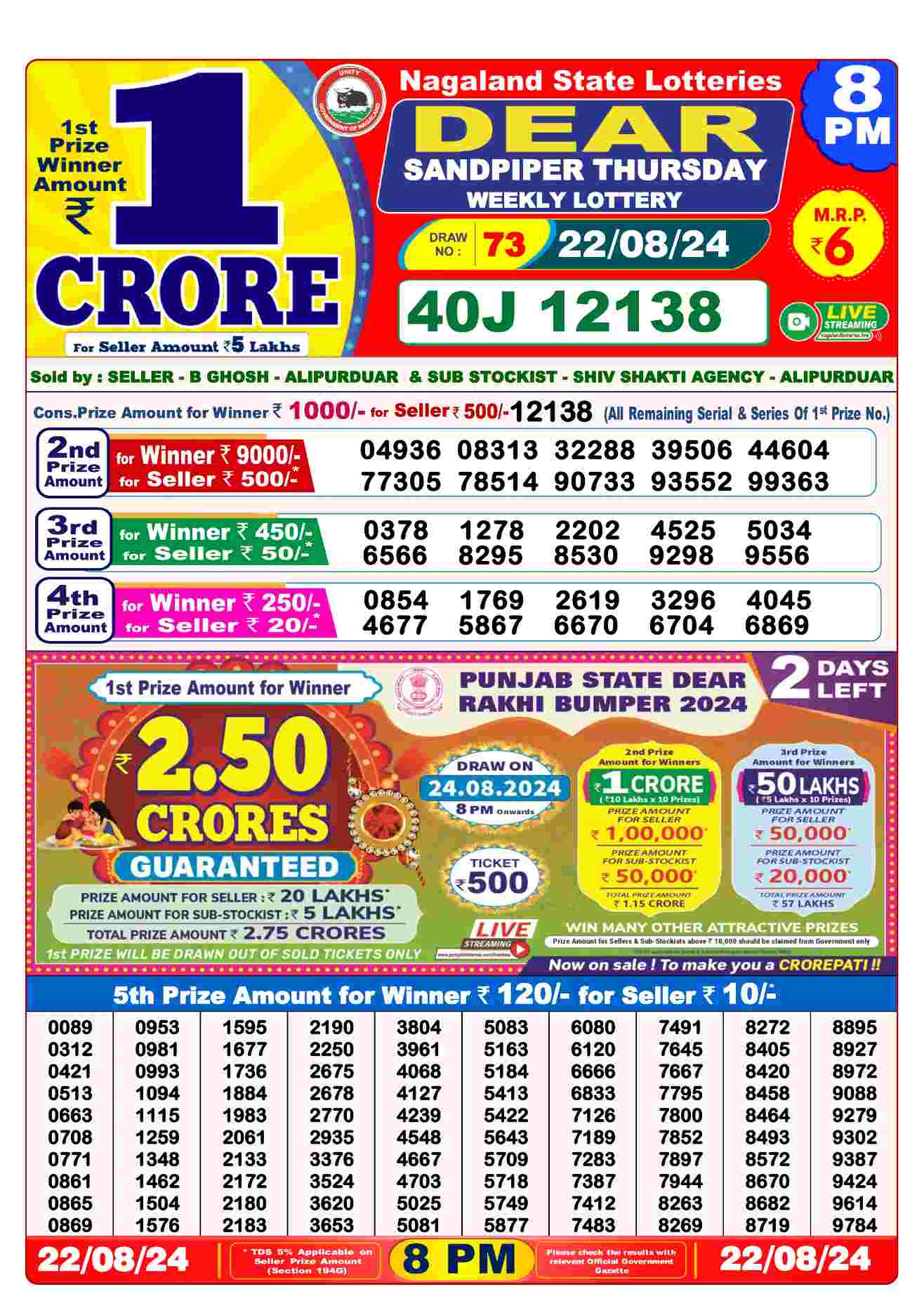 Lottery Sambad Today 22-08-2024 Results | 1PM, 6PM , 8PM