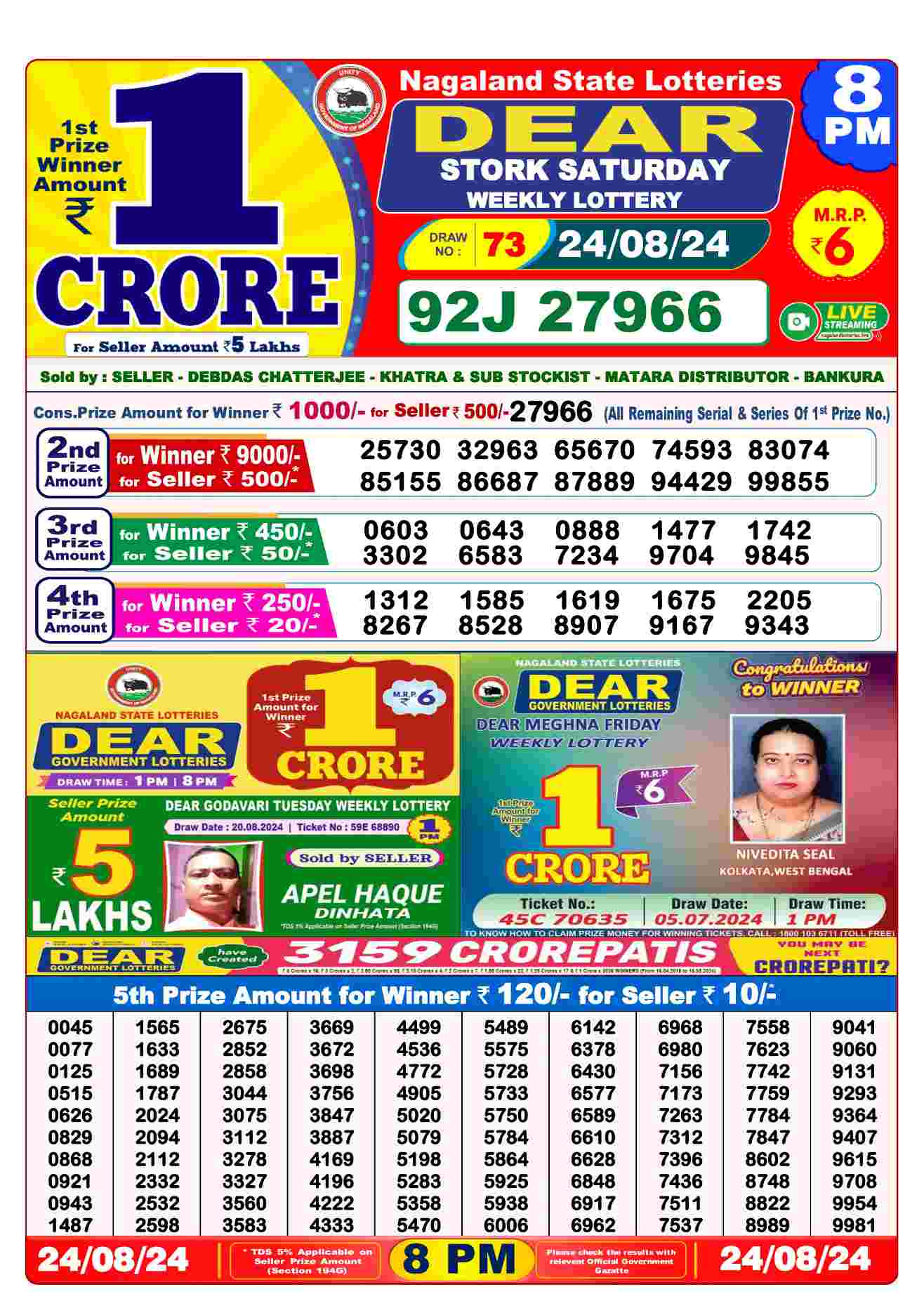  Lottery Sambad Today 24-08-2024 Results | 1PM, 6PM , 8PM